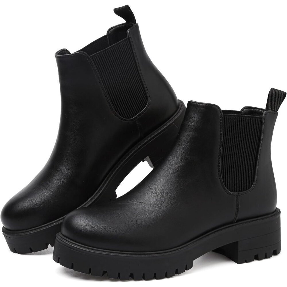 Girls Black Pull-On Fall Chelsea Boots Water-Resistant PU Ankle Heel Boots